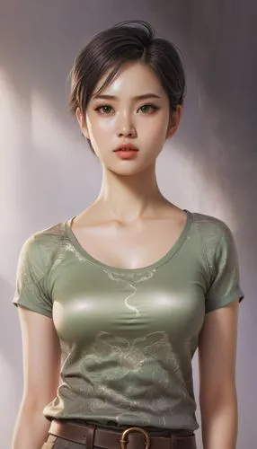 no background, anime, short hair, fit woman, big eyes, big lips,muscle woman,top tank, leggins, short boots, brunette, green eyes,Face model, asian,bjd,yangmei,xiaofei,xiaomei,yingjie,ziwei,Illustrati