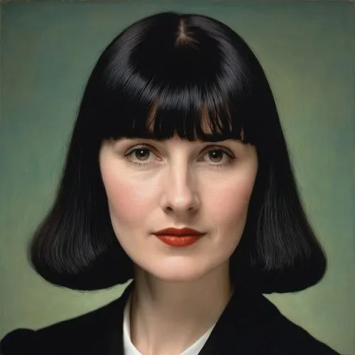 caucasian woman with bangs and long black hair dressed in formal wear ,an oil painting of a woman with dark black hair,moskvina,portrait of christi,akhmatova,deschanel,official portrait,portrait of a 