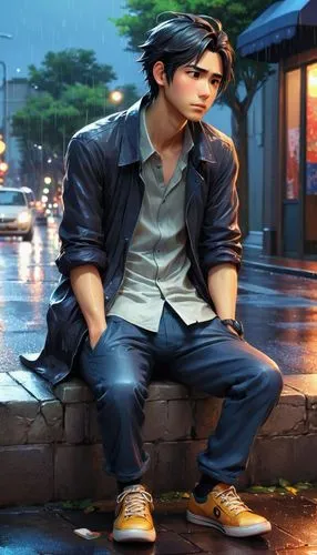 A man, wearing trendy clothes, sitting on a curb with his tail between his legs in a rainy street, totally wetting, hands both in pockets, hopeless and despair, bittersweet, night, Japanese anime styl