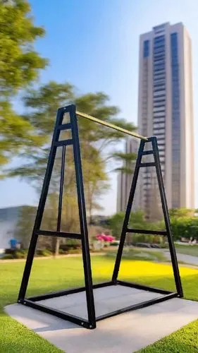 户外小区背景，蓝色天空，地面是绿色的草坪,dubai frame,mobile sundial,steel sculpture,kinetic art,swing set,sculpture park,botanical square frame,vectrex,tensegrity,rotana,swingset,meadmore,lego frame,kossel,sun dial,tetra