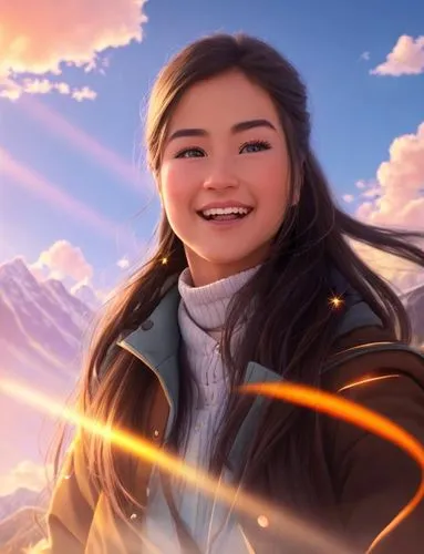 the sky is ablaze with oranges and pinks as a delicate caucasian girl with long, flowing black hair, warm brown eyes, and piercing orange eyes stands tall in the heart of an ancient mountain range. Th