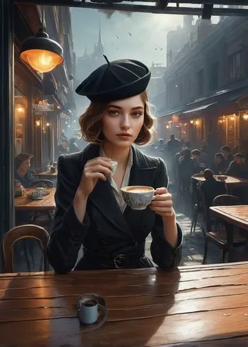 woman drinking coffee,woman at cafe,parisian coffee,café au lait,coffee background,cappucino,Illustration,Realistic Fantasy,Realistic Fantasy 28