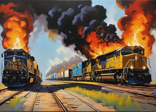 "Craig Mooney | Burning Through | Oil on Canvas | 42"" X 60"" ,steam locomotives,locomotives,diesel locomotives,tank cars,electric locomotives,freight trains,tank wagons,merchant train,through-freight