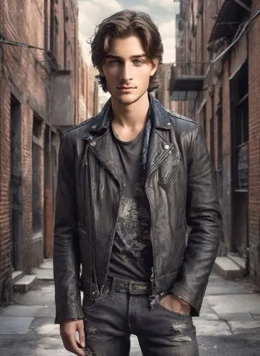 model headshots，Men's Fashion，Rock 'n' Roll Style,leather jacket,jack rose,leather,motorcyclist,lincoln blackwood,biker,male model,harley-davidson,austin stirling,brick wall background,harley davidson