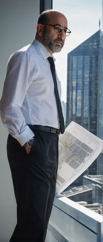 Charles Nazarian, modern architect, mature man, 50s, glasses, balding, beard, white shirt, black tie, dark suit, holding blueprints, standing, skyscraper, urban cityscape, steel beams, glass windows, 