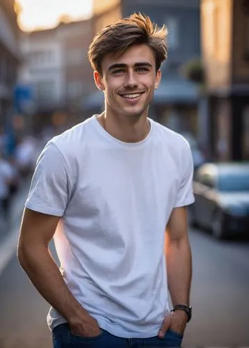 random guy, handsome, strong facial features, short brown hair, messy hairstyle, bright blue eyes, thick eyebrows, small nose ring, casual smile, relaxed posture, white T-shirt, dark jeans, sneakers, 