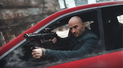 Bald adult, realistic, cinematic, Burnt, High quality, Bullet Holes, Blood stains, ,baldacci,statham,toretto,cesaro,sicario,sniper,ezel,reznikov,latifi,man holding gun and light,mossberg,kojak,gunman,