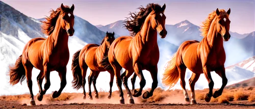 Wild horses, galloping, free spirit, majestic manes, flowing tails, powerful muscles, rugged terrain, mountainous background, dynamic composition, golden hour lighting, warm color tone, shallow depth 