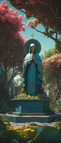 Describe a serene garden where the Mother of Perpetual Help grants solace to those in need.,japanese shrine,japanese sakura background,sakura background,shrine,hanbok,violet evergarden,rokuon-ji,yi su