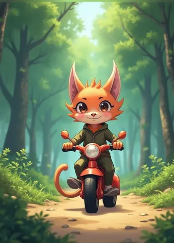 outfox,little fox,motorcyling,motorbike,garden-fox tail,cute fox,Illustration,Japanese style,Japanese Style 03