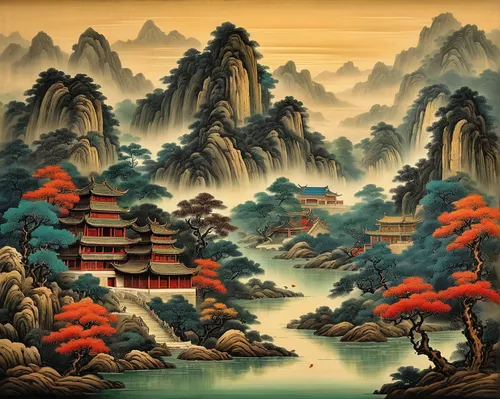 chinese art,oriental painting,cool woodblock images,yunnan,japanese art,luo han guo,mountainous landscape,mountain scene,chinese temple,oriental,mountain landscape,chinese architecture,huangshan maofeng,xing yi quan,yi sun sin,wuyi,chinese background,dongfang meiren,huashan,chinese style,Art,Classical Oil Painting,Classical Oil Painting 17