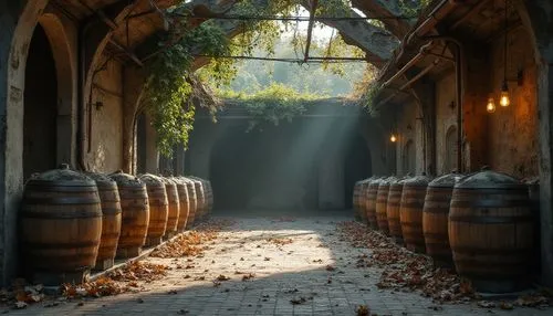 Deconstructed winery, modern architecture, broken concrete walls, rusty metal beams, vines crawling up cracked stone, old wooden barrels scattered, wine glasses shattered on floor, dim warm lighting, 