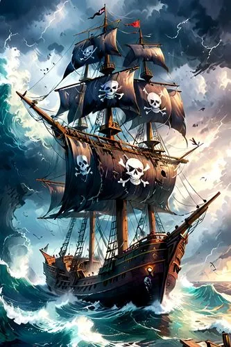 galleon,pirate ship,caravel,whaleship,sea sailing ship,maelstrom,Anime,Anime,Traditional