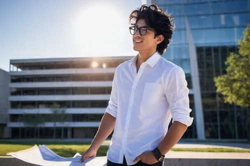 Male, young adult, bachelor of design, architecture student, casual wear, white shirt, dark jeans, sneakers, messy black hair, glasses, holding a large blueprint, standing, university campus, modern b