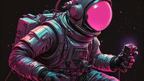 2d illustration, Comic book cover illustration, full shot, a 2d comic book illustration of one cyberpunk futuristicastronaut holding a vintage joystick isolated on a black background, minimalist 2d co