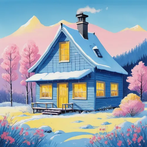 blue and yellow pastel colors, minimal details, happy tempera gouache, freezing cold Siberian taiga, small hut in the middle of the field, cozy light in small window, chimney smoking, in the art style