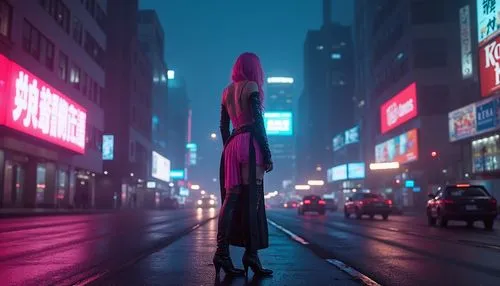 cyberpunk,girl walking away,pedestrian,neon lights,woman walking,oscura,Photography,General,Realistic