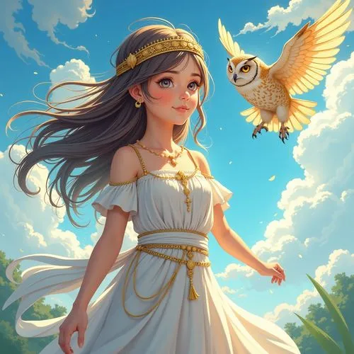 Teenage Girl, Athena, greek goddess, owl flying around her, following the owl with her view, flowy hair, natural tunes of colour,girl with a bird flying near her on the background,anjo,owl background,