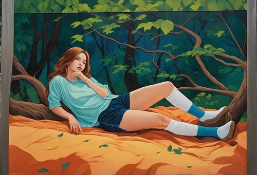 the serene landscape of a caucasian girl's home comes alive as she gazes down on a forest of emerald green leaves. She wears a cozy blue blouse and a black top, and a cozy blue shorts white socks, whi