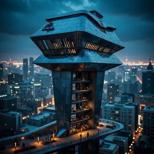 Futuristic watchtower, sleek metallic facade, dynamic LED lighting, angular geometric shapes, modern minimalist design, cantilevered observation decks, panoramic city views, high-tech surveillance sys