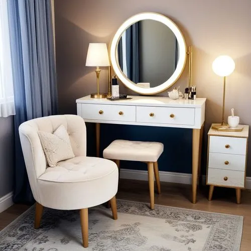 an elegantly decorated vanity and stool is featured in this image,dressing table,danish room,danish furniture,beauty room,bedside table,guest room