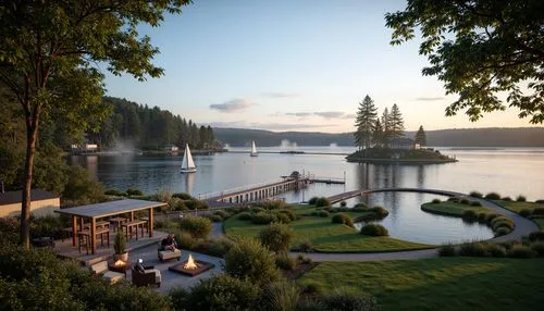 Soothing lakefront scenery, lush greenery, tranquil water features, meandering walking paths, rustic wooden docks, sailboats, kayaks, paddleboards, scenic lookout points, resort-style landscaping, mod