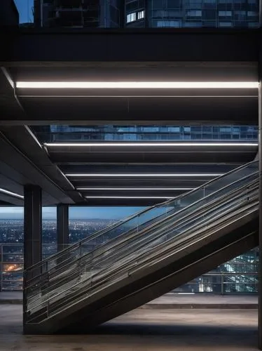 Modern parking garage, futuristic design, steel beams, concrete pillars, sleek glass walls, metallic accents, LED strip lights, staircases with railings, elevators with digital displays, urban citysca