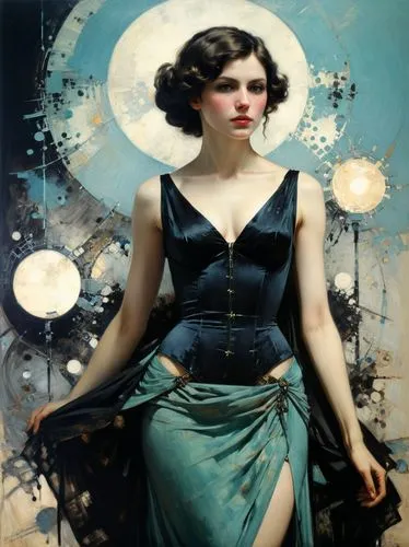 a woman is sitting on top of a painting,art deco woman,rathmann,whitmore,viveros,mcginnis,leyendecker,Art,Classical Oil Painting,Classical Oil Painting 42