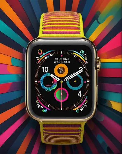 Design a vibrant and playful Apple Watch face that features free motion background elements.,apple watch,swatch watch,colorful foil background,analog watch,pop art background,wristwatch,swatch,open-fa