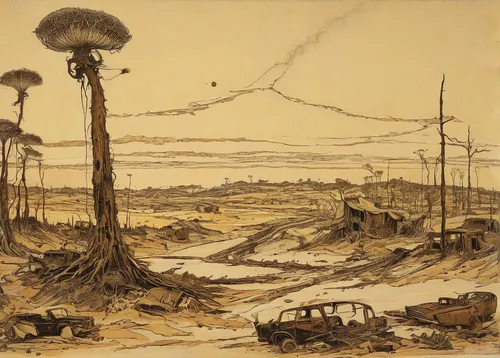 scorched earth,burned land,post-apocalyptic landscape,robert duncanson,deforested,desertification,swampy landscape,vincent van gough,edward lear,arthur rackham,dutch landscape,floodplain,karst landscape,mushroom landscape,mudflat,brook landscape,david bates,cool woodblock images,rural landscape,coastal landscape,Illustration,Retro,Retro 21