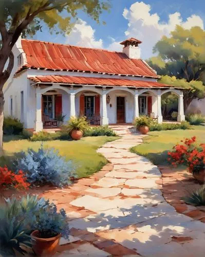 home landscape,hacienda,house painting,watercolor cafe,church painting,patios,summer cottage,country cottage,cottage,casita,traditional house,roof landscape,watercolor shops,pintor,front porch,patio,country estate,ojai,farmhouse,watercolor tea shop,Conceptual Art,Oil color,Oil Color 10