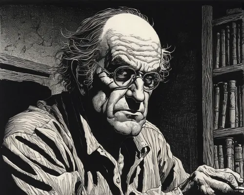 sculptor ed elliott,jrr tolkien,john day,david bates,self-portrait,theoretician physician,hesse,matruschka,pflannze,robert harbeck,ervin hervé-lóránth,elderly man,sci fiction illustration,cool woodblock images,book illustration,jack roosevelt robinson,stave,geppetto,hitchcock,charcoal drawing,Conceptual Art,Daily,Daily 09