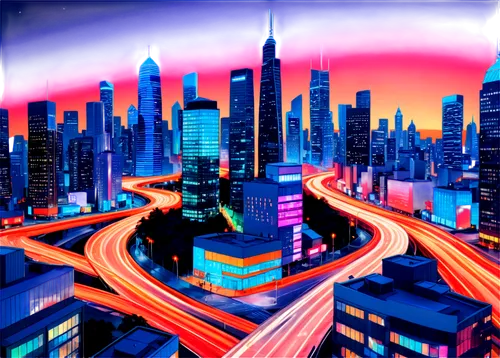 colorful city,cityscape,city highway,cybercity,city lights,metropolis,cities,futuristic landscape,neon arrows,cybertown,motorcity,superhighways,megacities,city at night,fantasy city,cityzen,tokyo city,city skyline,skyline,cityscapes,Illustration,Black and White,Black and White 05