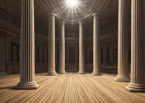 Make it to a Theater room, dark light with two round stages in the middle of the room with two greek actress on top of these two columns,pantheon,columns,the court sandalwood carved,parquet,ancient gr