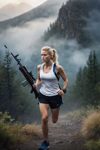 run uphill,female runner,ultrarunning,picabo,trail running,ultramarathon,biathlete,woman holding gun,girl with gun,gunrunning,free running,nordic walking,outrunning,jogbras,lori mountain,to run,girl with a gun,ultramarathons,marathoner,running,Illustration,Realistic Fantasy,Realistic Fantasy 16