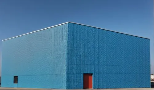 a warehouse in an empty outdoor space with mid-sun weather, on the warehouse a 3d wall cladding of a cone spike shape design made out of acoustic foam panels
,metal cladding,prefabricated buildings,fa