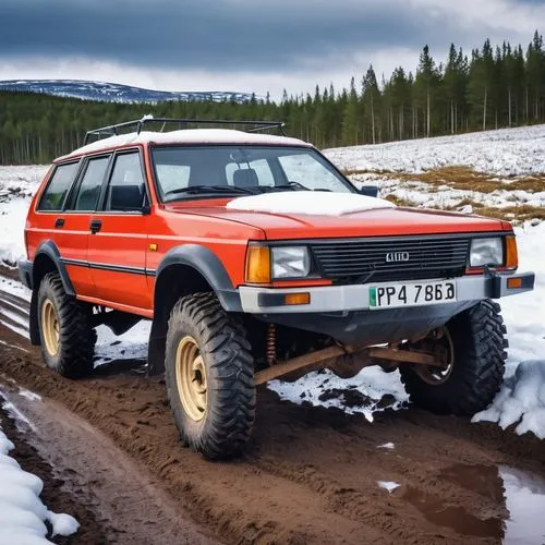 Create me an illustration of a car  from the 1990s prepared for the territory of Finland, both for snow, mud and difficult terrain.,six-wheel drive,first generation range rover,jeep cherokee (xj),four