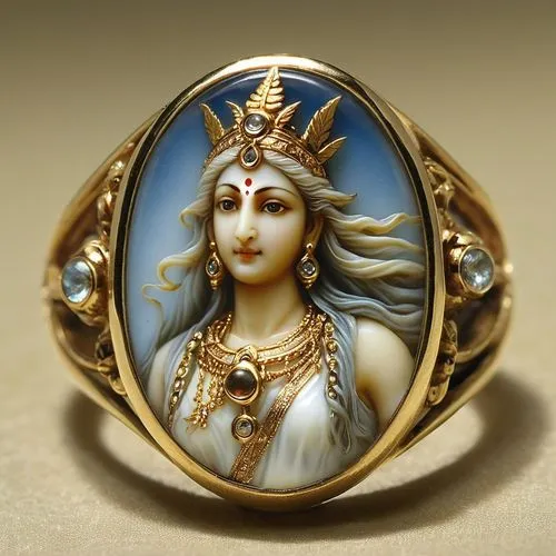 SHAILPUTRI  HINDU GODDESS,a ring has an image of a woman,ring with ornament,panchali,gandhari,navaratna,vaishya,kanha,Illustration,Realistic Fantasy,Realistic Fantasy 14