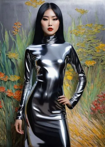 asian woman,vietnamese woman,latex clothing,asian vision,latex,world digital painting,metallic feel,metallic,oil on canvas,han thom,ao dai,art model,painter doll,solar,oil painting on canvas,kim,tura satana,digital painting,vietnam,asian costume,Art,Artistic Painting,Artistic Painting 04