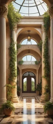 cochere,philbrook,atriums,conservatory,orangerie,colonnades,glyptotek,neoclassical,archways,archly,pillars,peristyle,orangery,columns,breezeway,wintergarden,pergola,winter garden,doric columns,landscaped,Illustration,Realistic Fantasy,Realistic Fantasy 18