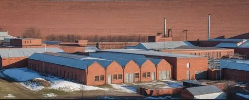 In the modern city, an old factory building with red brick walls stands in front of you.,buildings along the river with snow in them,pyramiden,strangeways,botkyrka,former prison,workhouses,petitcodiac