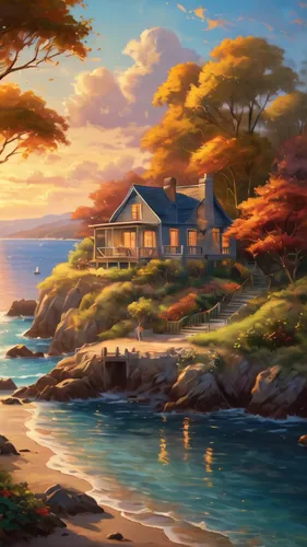 landscape background,summer cottage,home landscape,coastal landscape,house by the water,seaside country,robert duncanson,beach landscape,fisherman's house,cottage,an island far away landscape,sea landscape,seaside resort,beautiful landscape,seaside view,house with lake,ocean view,japan landscape,full hd wallpaper,studio ghibli,Photography,General,Cinematic