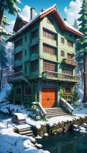 butka,house in the mountains,house in mountains,house with lake,ski resort,ryokan,Illustration,Japanese style,Japanese Style 03