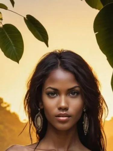 La hora mágica,a woman with big earrings standing next to some green leaves,ethiopian girl,eritrean,marshallese,polynesian girl,angolan,cambodiana