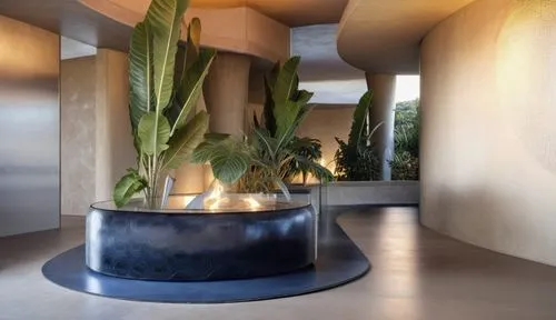 a modern sitting unit with alot of plants and transparent structures in the middle,funeral urns,wooden flower pot,fire place,contemporary decor,modern decor,corten steel,landscape lighting,table lamp,