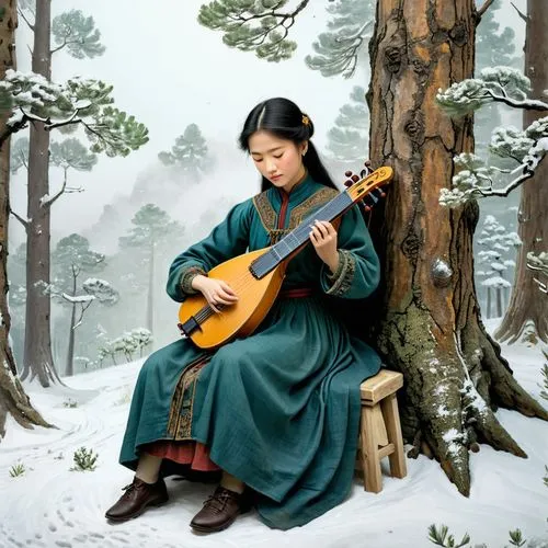 guqin,woman playing,troubador,lutenist,troubadour,classical guitar,Illustration,Paper based,Paper Based 29