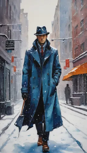 Amidst falling snow, a loner in a long coat wanders the empty streets.,man with umbrella,eskimo,overcoat,frank sinatra,pedestrian,rorschach,smooth criminal,pilgrim,a pedestrian,oil painting on canvas,