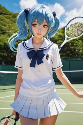 Junko Enoshima, anime girl, solo, (16yo), beautiful detailed eyes, blue hair, twin tails, sailor uniform, white blouse, pleated miniskirt, knee-high socks, brown loafers, holding a tennis racket, stan