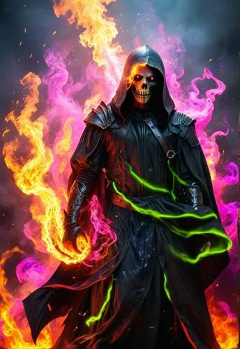 A masculine, male, decrepit god of darkness and evil in pitch black. A black, smoke-like gown with medieval armor, and with swirling energies of neon green, neon purple, neon blue, neon pink, and neon