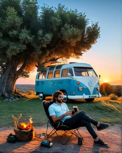 The image depicts a cgi style image with a furry face lounging on a plush black tea chair, enjoying a leisurely beverage. His VW bulli camper van parked in front of him is parked on the grounds of The